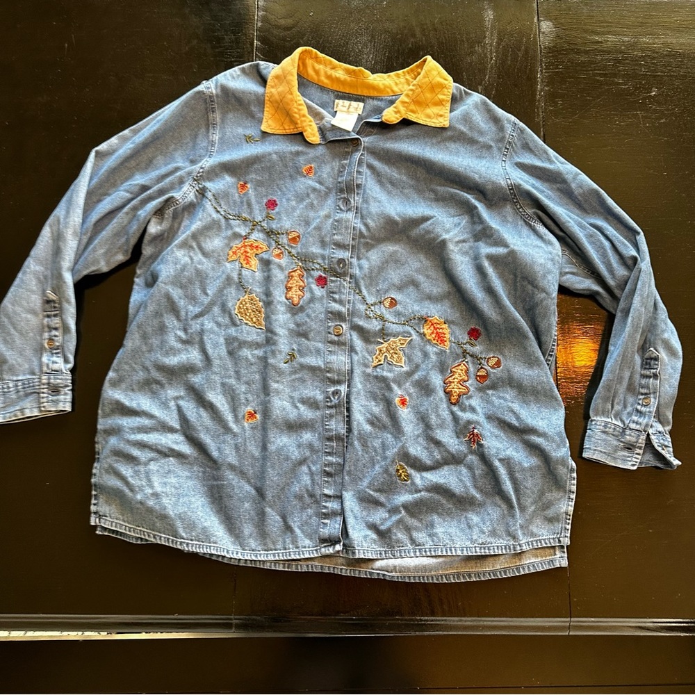 vintage Bobbie Brooks 26W-28W 3X Denim Embroidered Fall Denim Button Down